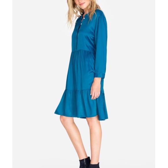 JOHNNY WAS Tiered Mandarin Collar Satiny Cottagecore Dress Peacock XS - Picture 5 of 10